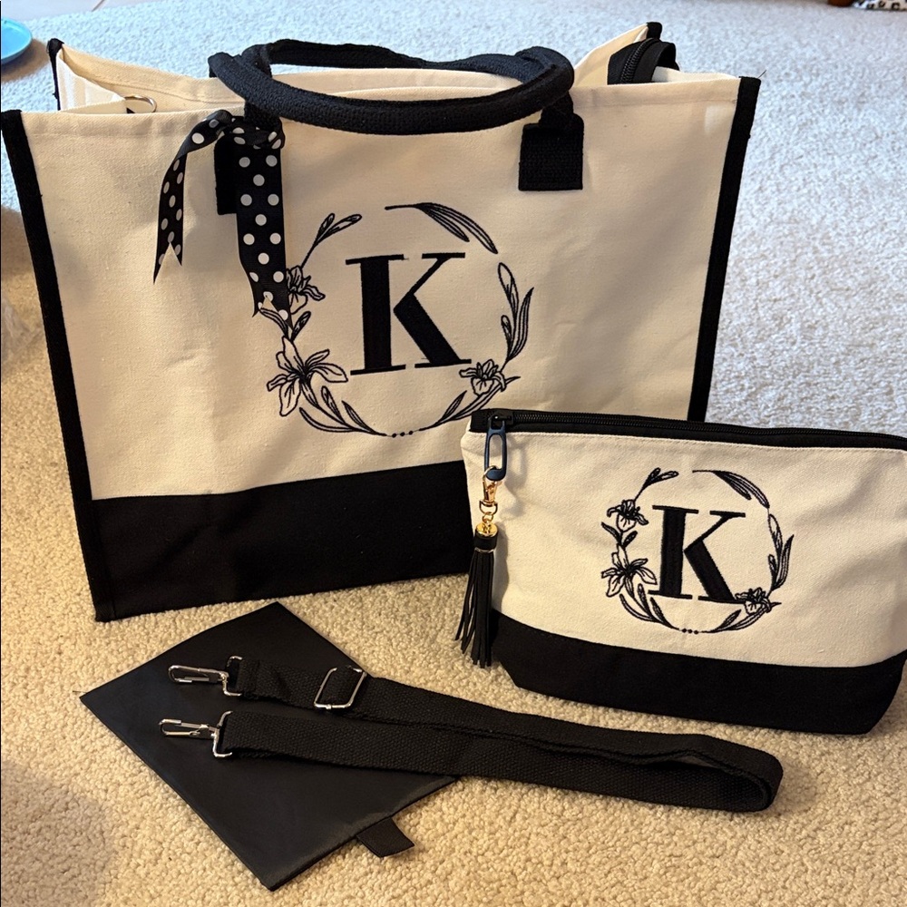 Canvas Black & White Monogram Embroidery Font (K) Tote Bag and Pouch Set - NWT